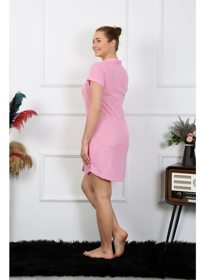 Akbeniz Women's Cotton Woven Short Sleeve Buttoned Pink Tunic Nightgown 13110 - Image 3